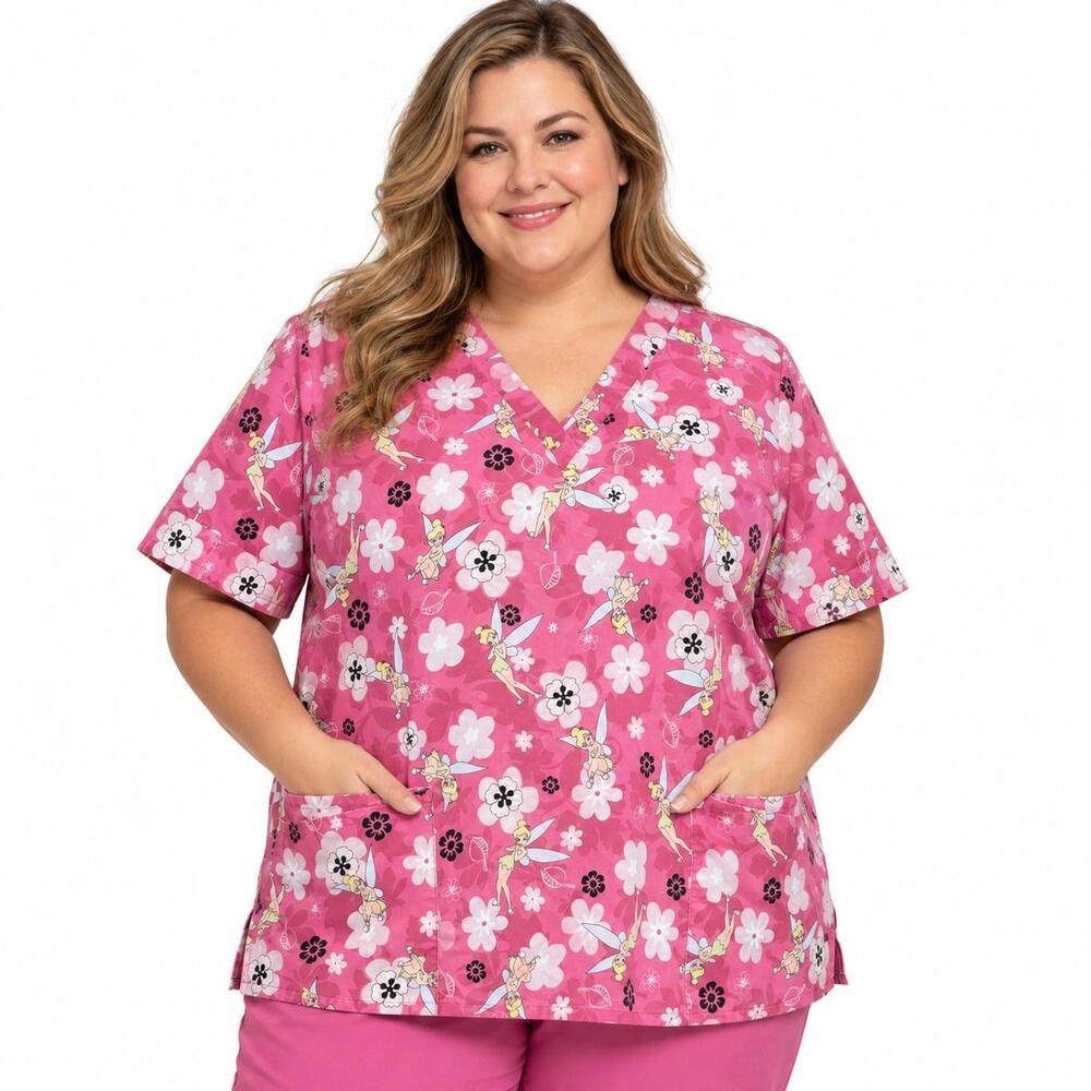 Disney Tunic Blouse Womens 2X Pink Tinker Bell Floral V Neck Scrub Top Pockets